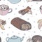 Cute christmas seamless pattern of traditional baking, sweets and elements. Spices, decoration, baking, drinks, sweets