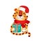 Cute Christmas tiger with a gift sits. New Year vector illustration