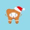Cute Christmas tooth in gingerbread costume with red santa hat icon in flat cartoon style isolated on background.