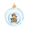 Cute christmas transparent bauble with little house and snowfall inside. Watercolor