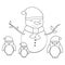 Cute christmas vector card with cartoon penguins and snowman funny illustration for coloring art