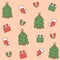 Cute christmas vector pattern background illustration with christmas tree, bells, gift box, socks and snowflakes