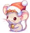 Cute Christmas white baby mouse wearing Santa hat and bell - Christmas watercolor illustration.