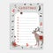 Cute Christmas wish list with deer, winter floral decoration, christmas ornaments, gloves, cupcakes and falling snow