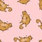 Cute chubby cat doodles seamless pattern. Ginger cats on pink background pet purring animal. Vector wallpaper template texture