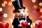 Cute chubby gentleman hamster in tuxedo holding heart, romantic valentine concept