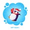 Cute chubby jumping penguin in a santa hat and red scarf. Merry Christmas greetings. Hand drawn vector illustration