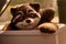 Cute chunky raccoon with fat full belly, sitting in funny pose. Lazy chubby racoon. Amusing sweet animal relaxing. Fatty stout