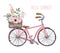 Cute city bicycle with floral basket, hand drawn watercolor illustration. Summer travel