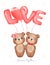 Cute classic couple brown teddy bears, boy and girl hold hand with love balloons Happy Valentine, adorable cartoon watercolor hand