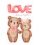 Cute classic couple brown teddy bears, boy and girl hold hand sit on wooden swing, forever together, Happy Valentine, adorable