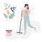 Cute cleaner woman in blue overalls like a butterfly with sweeping brush and bucket.Decorated beautiful leaves and branches.Vector