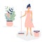 Cute cleaner woman in pink dress like a cinderella with sweeping brush and bucket.Decorated beautiful leaves and branches.Vector