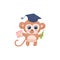 Cute clever monkey with textbook and pencil, flat vector illustration isolated.