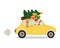 Cute clip art of Santa Claus and reindeer riding a retro car carrying Christmas tree and presents. Merry Christmas celebration.