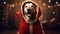 cute closeup of golden retriever dressed as santa claus, background with blurry magic lights