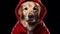 cute closeup of golden retriever dressed as santa claus,blacok background