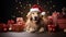 cute closeup of golden retriever dressed as santa claus, light blue background with blurry packages