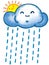 Cute Cloud with Sun and raindrops, cute cartoon character illustration isolated on white background. Hand drawn pastel, crayon,