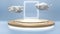 Cute clouds flying over golden stage,pedestal or podium and light portal over blue backgorund. 3D illustration