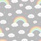 Cute clouds with rainbow on grey background. Seamless pattern.