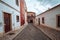 Cute cobblestone narrow streets and sidewalks in Silves, Portugal on a winter day