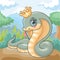 A cute cobra is wearing a king`s crown. with beautiful natural scenery