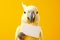a cute cockatoo parrot holds in its paws a white sheet of paper with a place for text,on a plain yellow background,a mockup for an