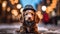 A cute Cocker Spaniel puppy dog wearing a hat and scarf on blurred a snowy street background. Generative AI.