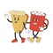 Cute cocoa cup and cheesecake characters in groovy style. Template for poster, banner, flyer menu design in trendy retro