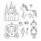 Cute collection kawaii set of princess, unicorn, castle and carriage