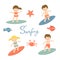 Cute collection of surfing kids