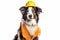 Cute collie breed dog in a bright yellow construction helmet