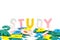 Cute color wooden Study words on white background for English l