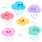Cute colored cloud characters. Cartoon cloud characters rain in the sky. Vector illustration