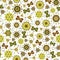 Cute colorful abstract pattern. Seamless vector with different yellow, green and brown elements on a white background