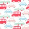 Cute colorful buses and cars seamless pattern wallpaper.