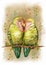 Cute colorful card in retro style. Beautiful lovebirds parrots.