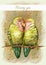 Cute colorful card in retro style. Beautiful lovebirds parrots.