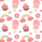 Cute colorful cartoon hand drawn seamless vector pattern background illustration with ice cream, strawberry, flowers, rainbow and