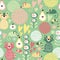 Cute colorful cartoon seamless floral pattern with animals cat and mouse