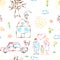 Cute colorful child hand drawn objects like family, flowers, house, grass, tree, sun and cat, seamless pattern on white