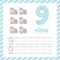 Cute colorful children flashcard with tracing number 9 and hippo. Learn how to write number nine for kids education
