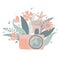 Cute colorful dslr photo camera with fllowers in flat cartoon style. Vector hand drawn camera with floral