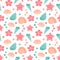 Cute colorful exotic summer seamless vector pattern background illustration with seashells, starfishes, hibiscus flowers and bubbl