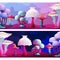 Cute Colorful Fantasy Magic Mushrooms Border Landscape Set. Fungus and Unrealistic Uneartly Alien Botany with Luminous