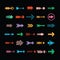 Cute colorful flat retro assorted direction arrows icons set on black background