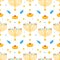 Cute colorful Hanukkah vector seamless pattern background with dreidels, coins, sufganiyot and menorah with nine lighting candles