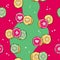 Cute, colorful kawaii tri-color cartoon Kiwi seamless pattern with a wavy background.