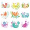 Cute Colorful Little Nesting Birds Set, Symbols of Spring Vector Illustration